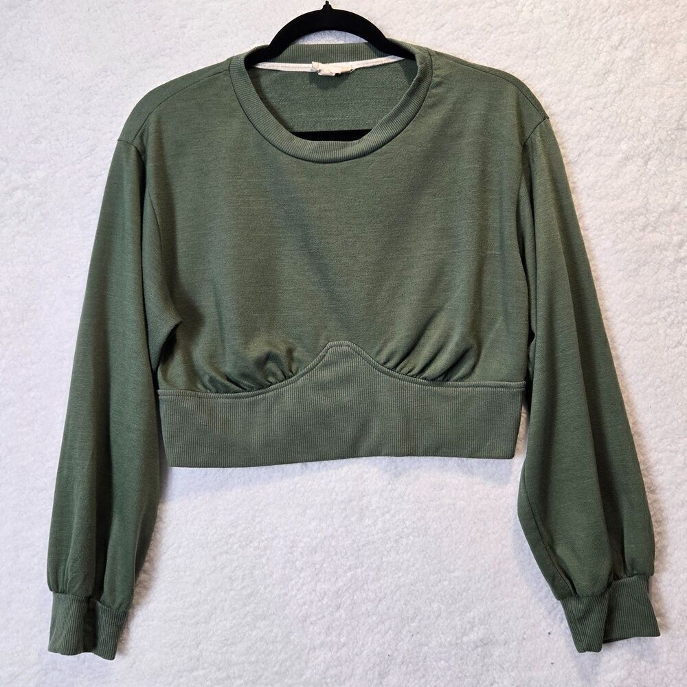 Y2k Womens Crop Sweatshirt Sz L - Army Green Grunge Balletcore